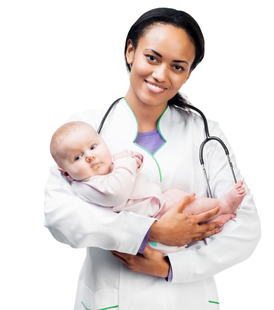 Smiling doctor with small baby isolated on a white background