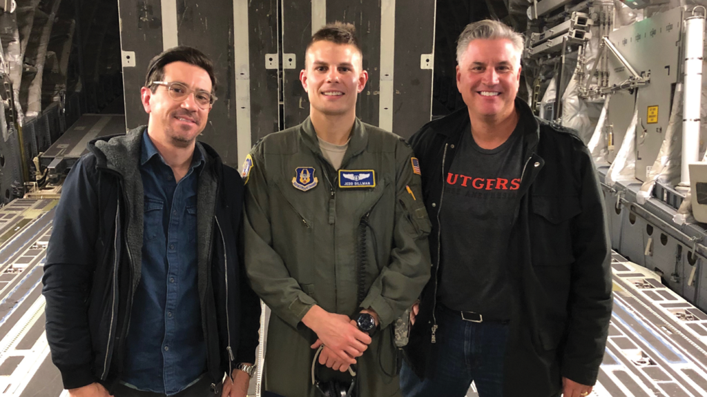 Jedd Dillman (center) arranged for nurse anesthesia classmates and professors Michael McLaughlin and Thomas Pallaria to fly on a C-17 Globemaster III with the 732 Airlift Squadron and witness the 514th Aeromedical Evacuation Squadron in action.