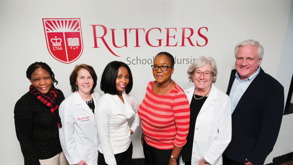 At Rutgers School of Nursing are Goitseone Maifale-Mburu, a principal registered nurse from Gaborone; Debora Tracey, assistant professor and director, Center for Clinical Learning; Joyce Vuyiswa Khutjwe and Mosidi Tseleng Mokotedi, lecturers at University of Botswana; and Suzanne Willard, clinical professor and associate dean for global health.