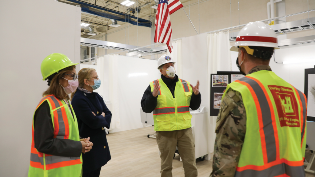 Persichilli visits New Bridge Medical Center in Paramus, where the U.S. Army Corps of Engineers transformed a gymnasium into a 30-bed COVID unit and constructed a 100-bed care tent.