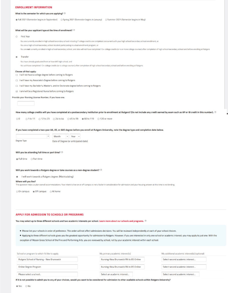 Screenshot of Application for admission to the RN-to BS program