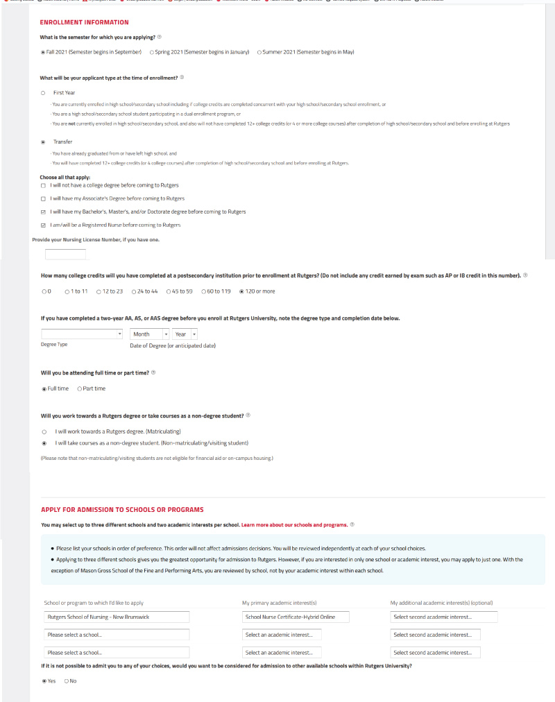 Screenshot of Application - Enrollment Information