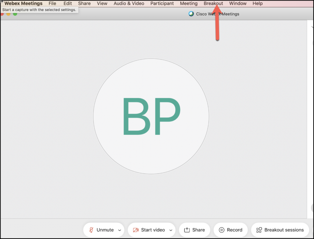 WebEx Meetings screenshot of menu showing the Breakout link