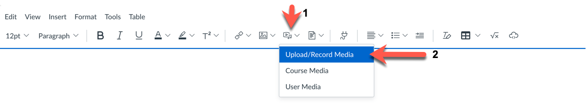 Screenshot of Canvas Rich content Editor menu, with arrow pointing to the 'upload/record media' selection