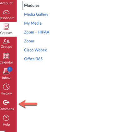 Screenshot of Canvas menu with arrow pointing to 'commons' icon