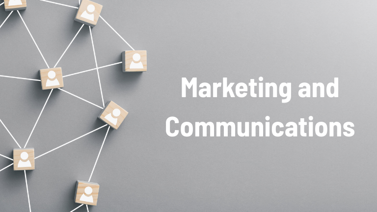 Image of wooden blocks with person icon connected by white lines. On the right side it says "Marketing and Communications"