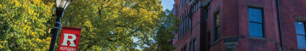 Decorative campus photo, tightly cropped, with a lamppost, a Rutgers banners, and a brick building