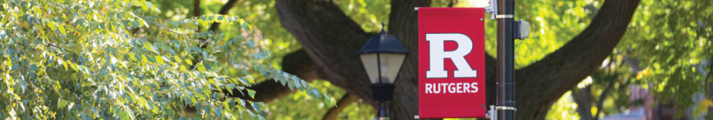 Decorative campus photo, tightly cropped, with a lamppost, a Rutgers banners, and a tree.