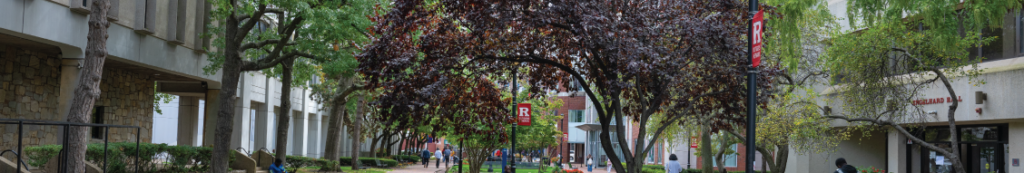 Decorative campus photo outside of Ackerson Hall in Newark featuring the quad between two buildings with students walking in the distance