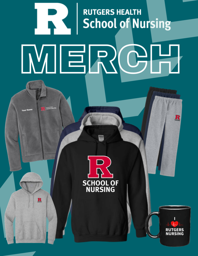 Rutgers School of Nursing Merch - featuring hoodies, sweatpants, mugs, and other apparel with the Rutgers SON logo.
