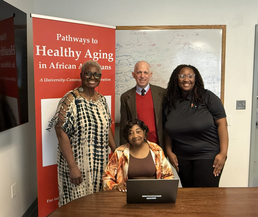 From left, Glenda Wright, Aging & Brain Health Alliance Director of Public and Subsidized Housing Relations; Dolores Hammond, Director of Participant Satisfaction; Mark Gluck, head of the Aging & Brain Health Alliance, and Marissa Wilson, research assistant.